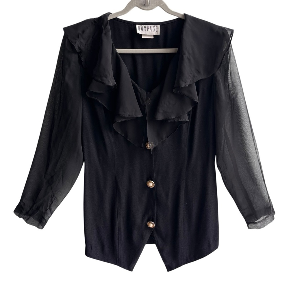 Vintage 80s/90s Black Ruffle Blouse Sheer Dark Romantic Gothic Victorian Size S